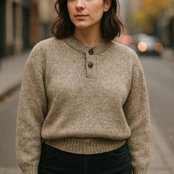 VTG American Eagle Sweater Gray Henley Knit Wool 80s 90s Grandpacore USA Made - Picture 2 of 10